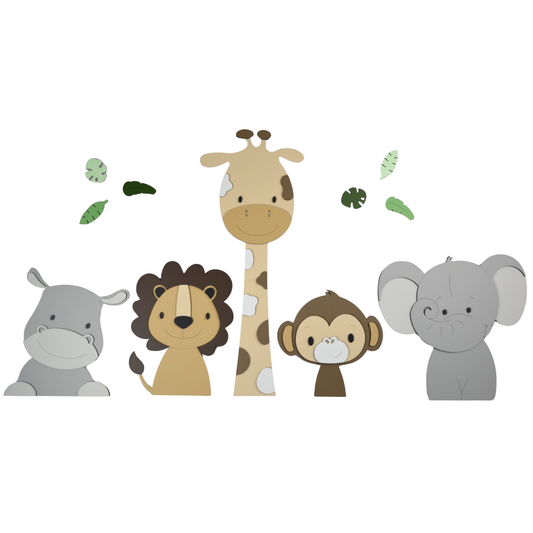 Houten wanddecoratie voor de babykamer in safaristijl – set muurstickers met giraf, leeuw en olifant in zachte beige kleuren.