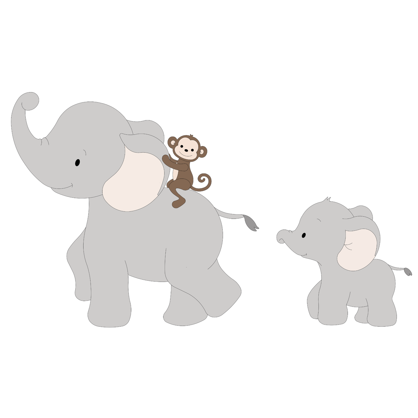 Houten muurdecoratie voor jungle of safari kinderkamer thema. Grote grijze olifant met vrolijk aapje op de rug, gevolgd door een baby olifantje.