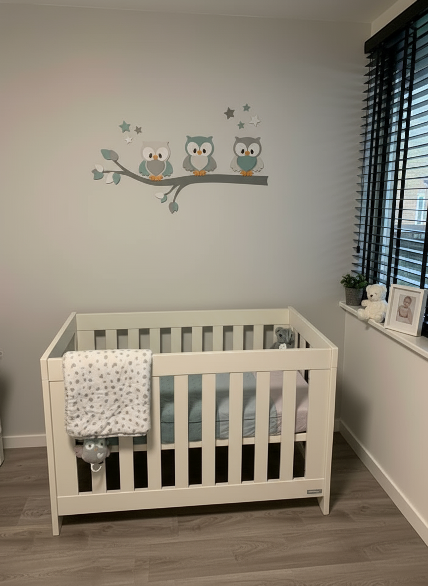 Houten muurdecoratie voor babykamer met tak, gekleurde bladeren en uiltjes
