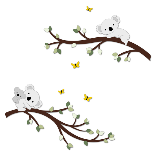 Houten muursticker - Dubbele tak met koala's - naturel