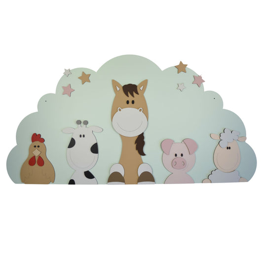 Houten muursticker - 5 Boerderijdieren varken-koe-paard-kip-schaap op wolk - naturel (116x58cm)