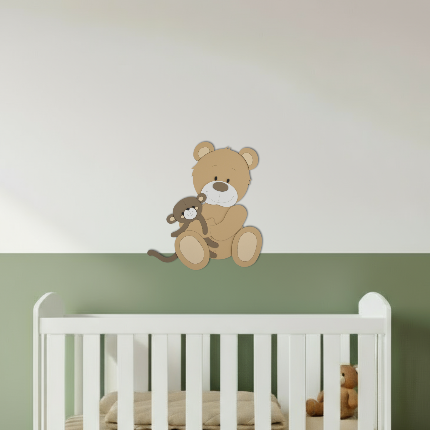 Houten muurdecoratie voor babykamer met beige beer en knuffelaapje