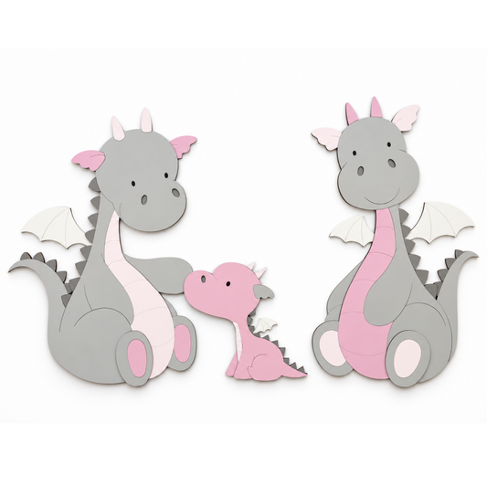 Houten muurstickers voor de babykamer van een familie draken met baby draakje.