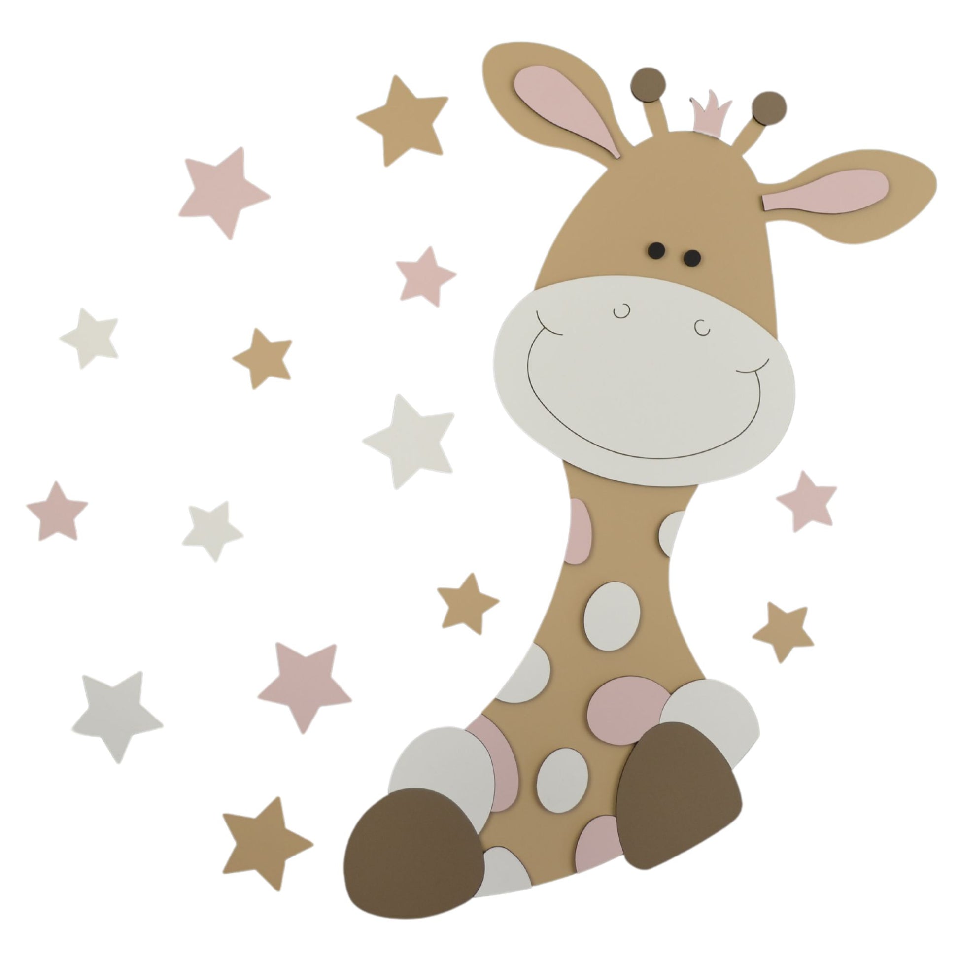 Houten muurdecoratie voor kinderkamer; beige giraf omringd door sterren.