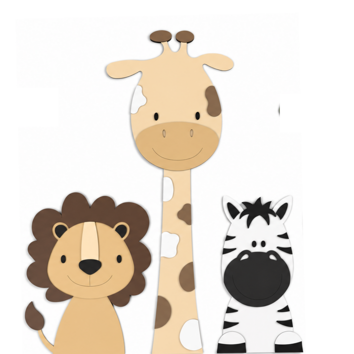 Muurdecoratie voor kinderkamer in junglethema, leeuw giraf en olifant in natuurlijke kleuren.