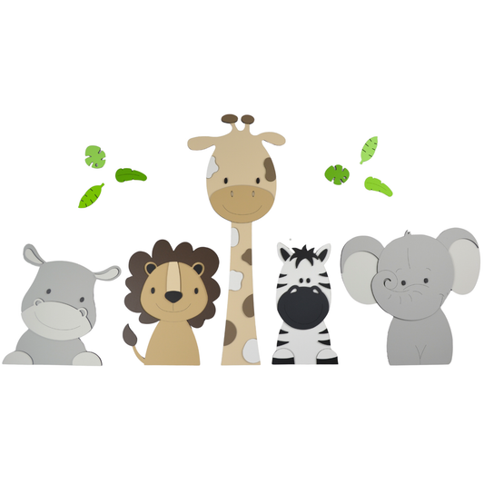 Houten muurdecoratie voor jungle babykamer; nijlpaard, leeuw, giraf, zebra en olifant in zachte natuurlijke tinten.