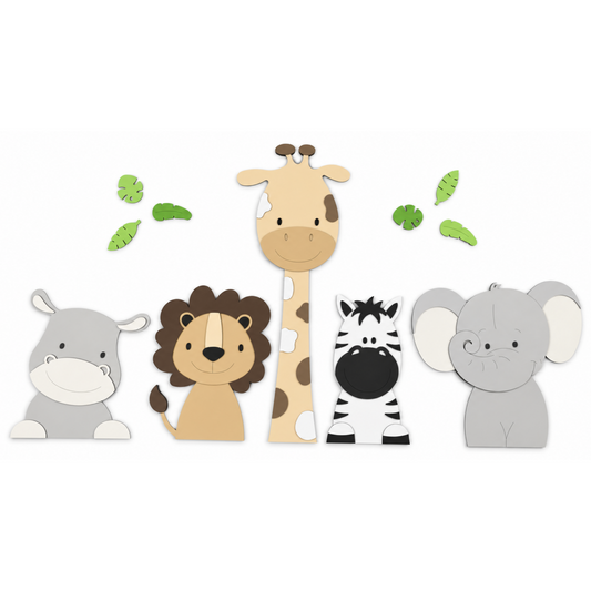 Houten muurstickers voor kinderkamer in junglethema, leeuw giraf en olifant in natuurlijke kleuren. geschikt voor een babykamer met safarithema