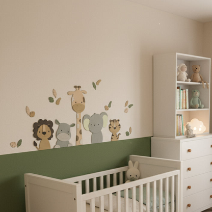 Houten-muurstickers-babykamer-safari-giraf-leeuw-olifant