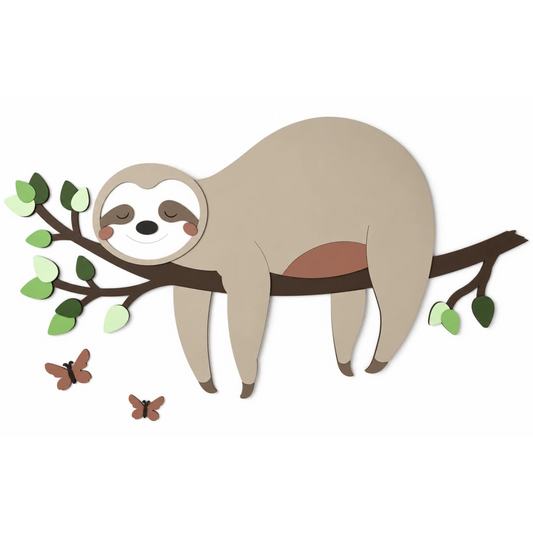 Houten muursticker voor de babykamer, tak met groene bladeren en schattige slapende luiaard.