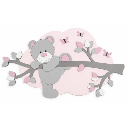 Muurdecoratie voor de kinderkamer; donkergrijze tak met klauterend beertje op roze wolk