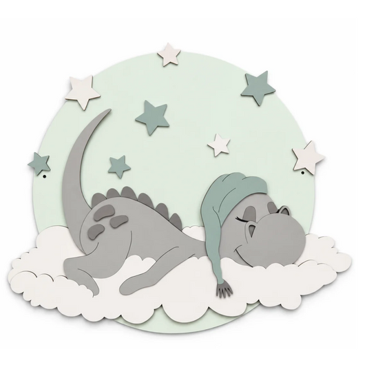  muurdecoratie voor kinderkamer; rond bord met slapend draakje op wolk en sterren.