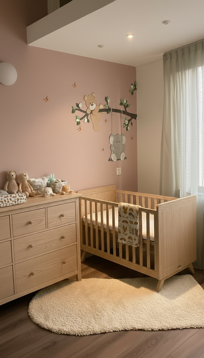 Houten muurdecoratie babykamer met tak, klauterend beertje en schommelend olifantje
