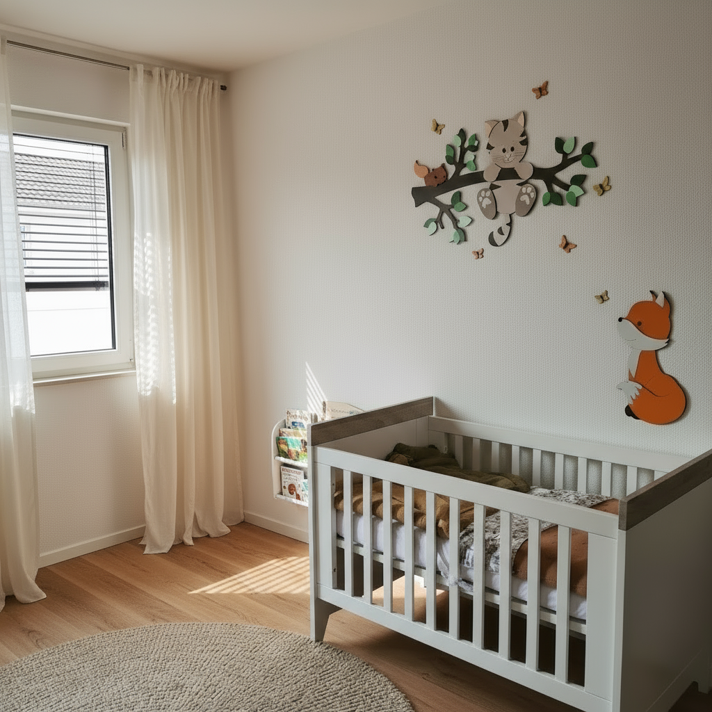 Houten muurstickers voor babykamer: tak met groene bladeren, poes en eekhoorntje.