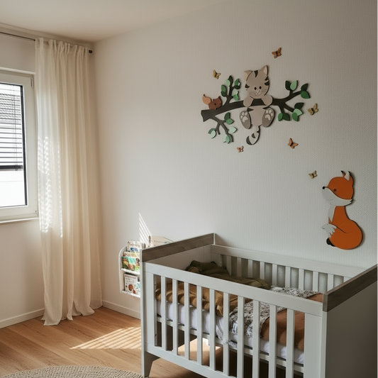Houten muurstickers voor babykamer: tak met groene bladeren, poes en eekhoorntje.