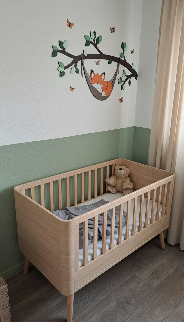 Houten muurstickers babykamer – tak met groene bladeren en slapend vosje in hangmat