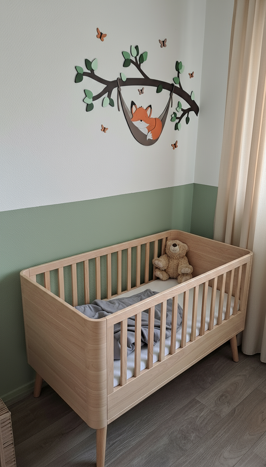 Houten muurstickers babykamer – tak met groene bladeren en slapend vosje in hangmat