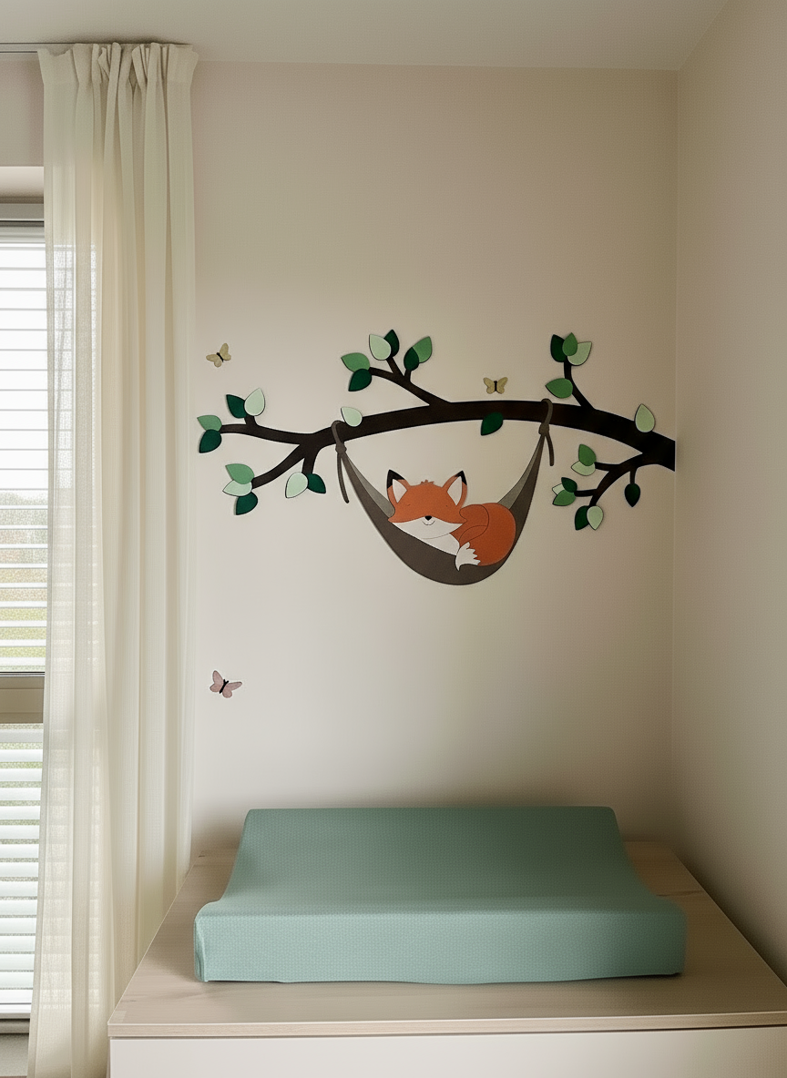 Houten muurstickers babykamer – tak met groene bladeren en slapend vosje in hangmat