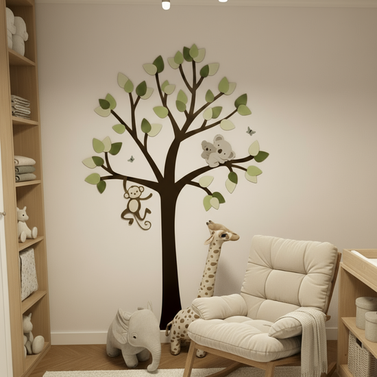 Houten muurdecoratie kinderkamer grote boom  met groene bladeren, aapje en koala en uiltje. 