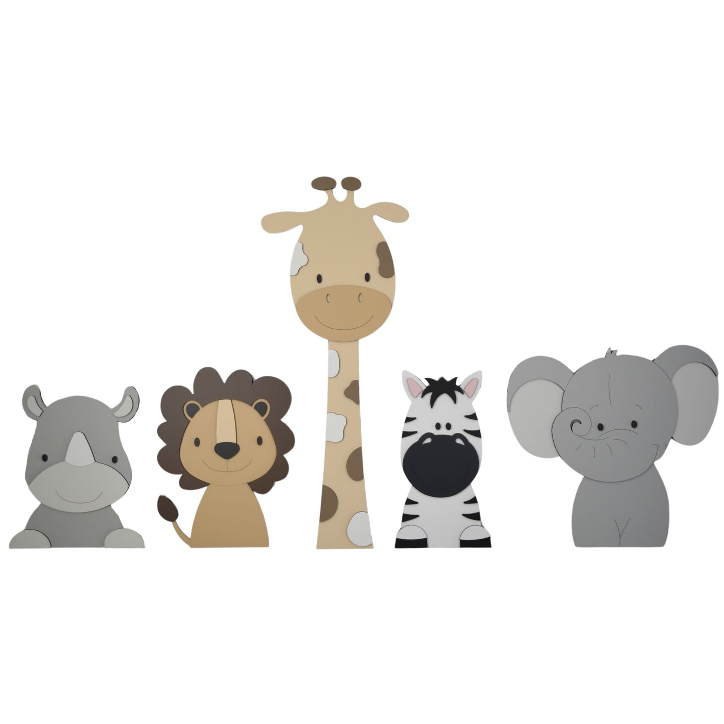 Houten wanddecoratie babykamer 5 safari dieren; neushoorn, leeuw, giraf, zebra en olifant in natuurlijke kleuren