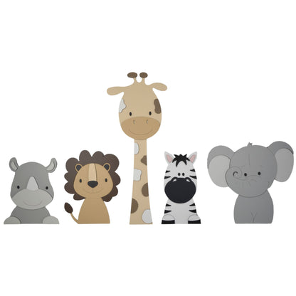 Houten wanddecoratie babykamer 5 safari dieren; neushoorn, leeuw, giraf, zebra en olifant in natuurlijke kleuren