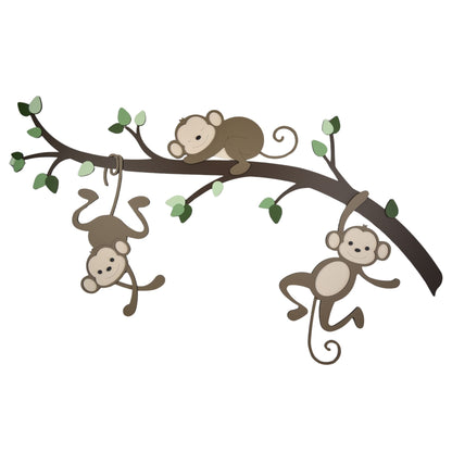 Houten muursticker voor babykamer: tak met groene bladeren en 3 aapjes.