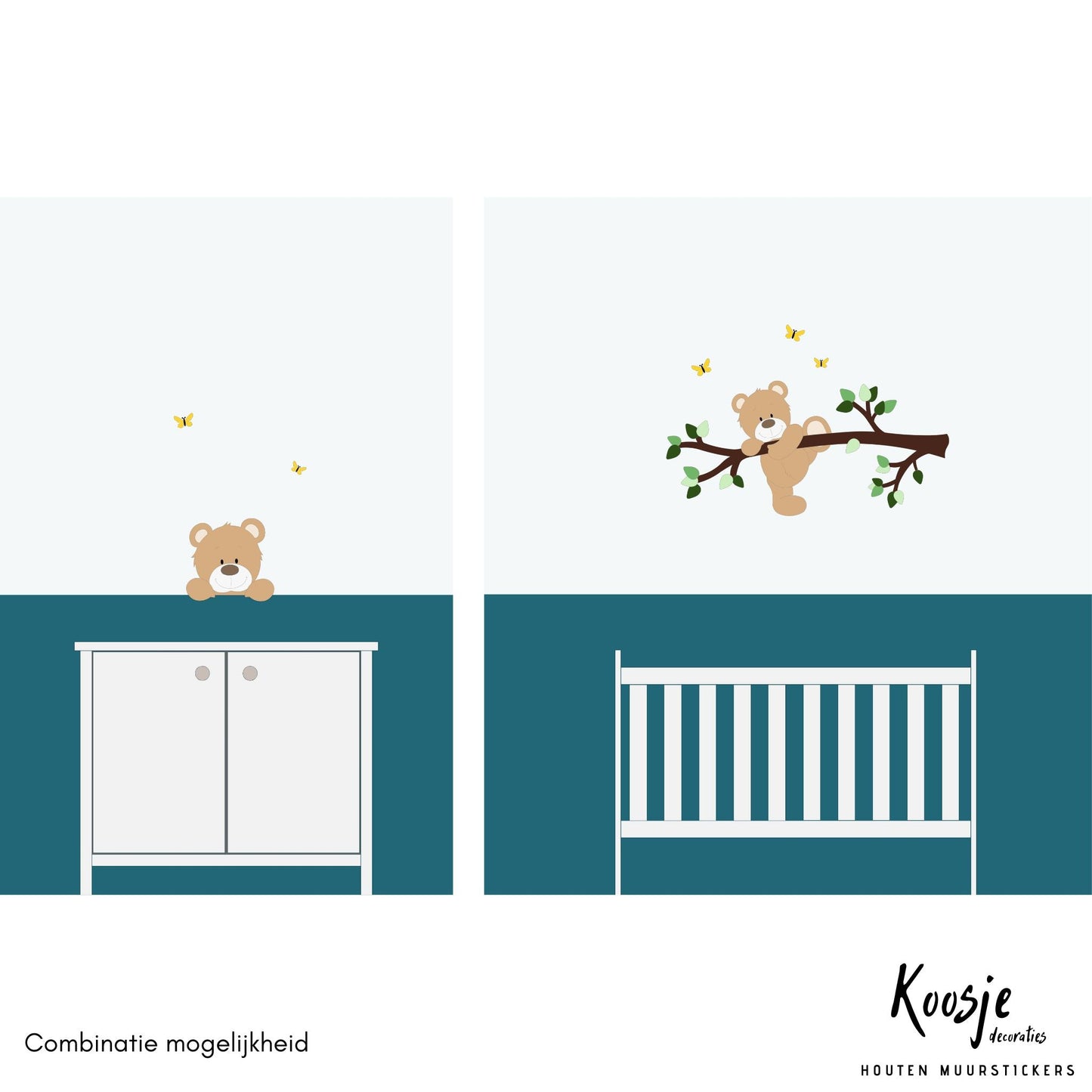 Ideeën wanddecoratie babykamer donkerbruine tak met groene bladeren en een klauterend beige beertje boven een blauwe lambrisering