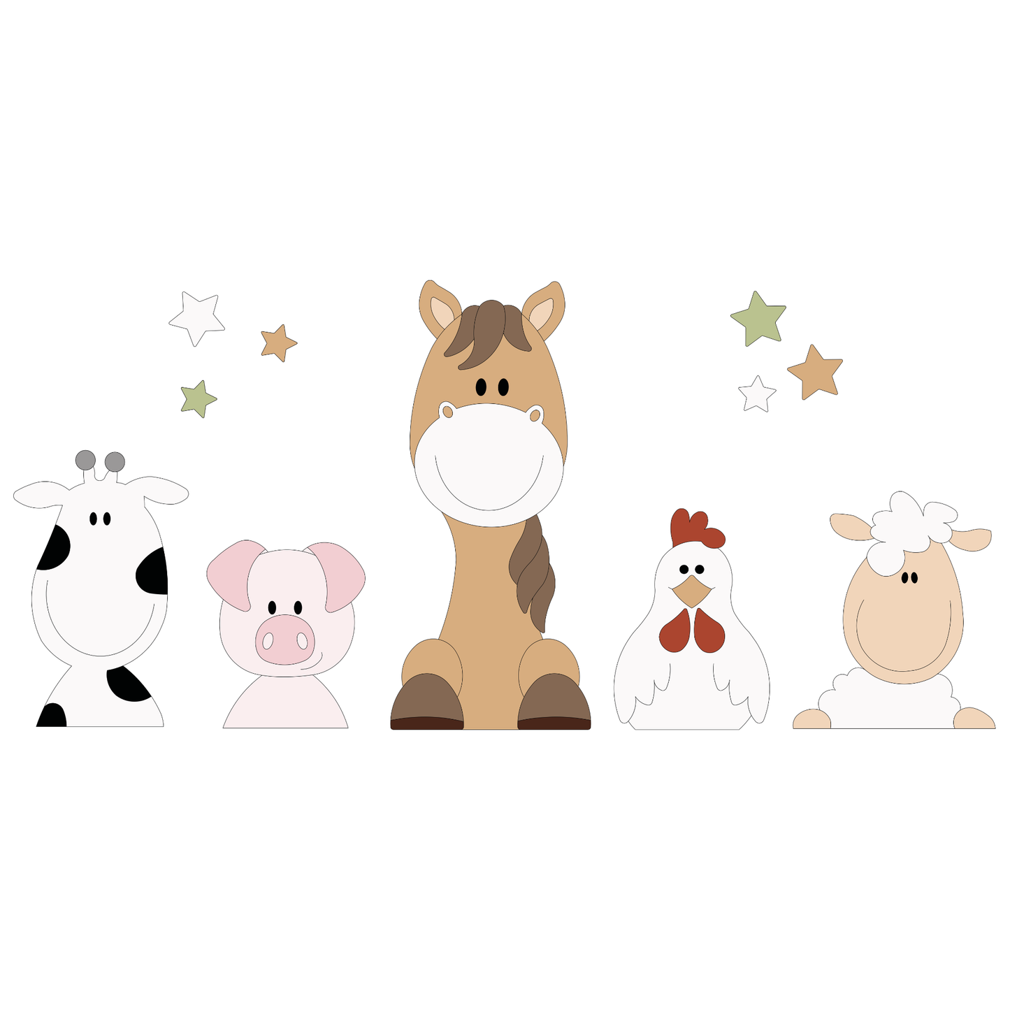 Houten muurdecoratie boederijdieren in natureltinten, paard, koe varken, kip en schaap. Geschikt voor baby- en kinderkamer.
