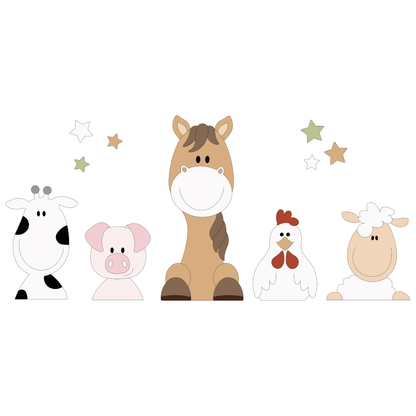 Houten muurdecoratie boederijdieren in natureltinten, paard, koe varken, kip en schaap. Geschikt voor baby- en kinderkamer.