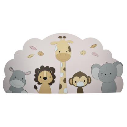 Houten muursticker - 5 Jungledieren nijlpaard-leeuw-giraf-aap-olifant op wolk - beige met te kiezen kleur (116x58cm)