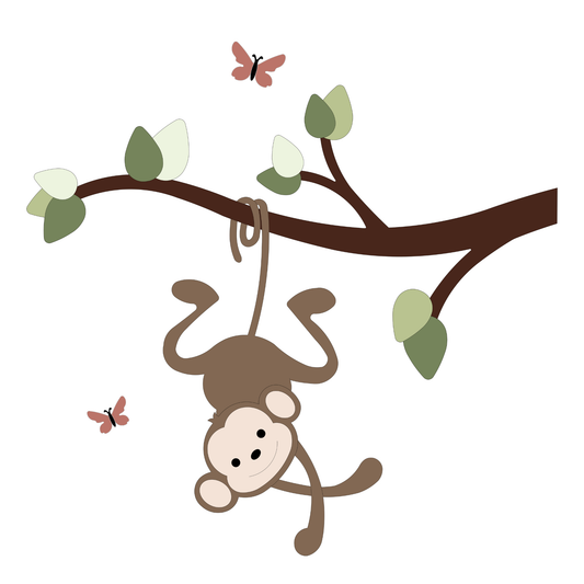 Houten muursticker - Tak met hangend aapje RL- naturel (vlinders optioneel) (56x56cm)