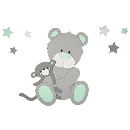 Houten muurstickers voor babykamer met grijs beertje en donkergrijs knuffelaapje, mintgroene details