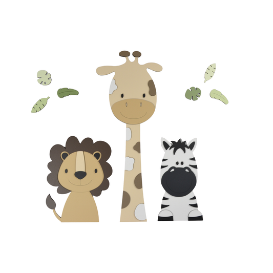 Houten muurdecoratie voor kinderkamer in junglethema, leeuw giraf en olifant in natuurlijke kleuren.