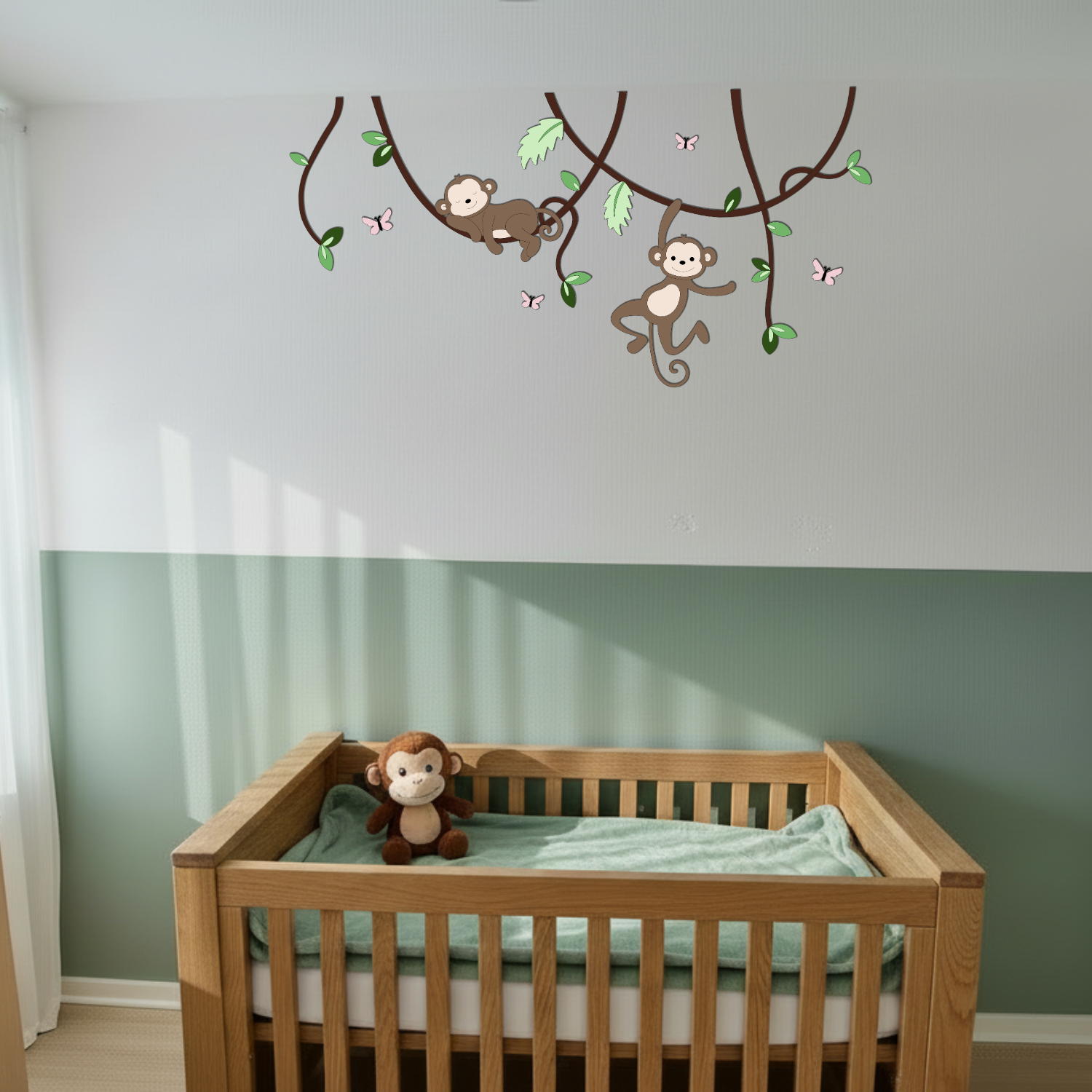 Houten muurdecoratie voor babykamer, lianen met slapend en hangend aapje, geschikt voor jungle of safarithema.