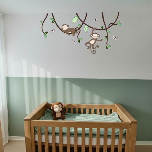 Houten muurdecoratie voor babykamer, lianen met slapend en hangend aapje, geschikt voor jungle of safarithema.