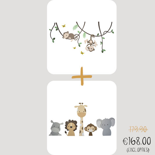 Korting set houten wanddecoratie babykamer 2 aapjes hangend aan lianen  met groene bladeren. En 5 safari dieren; nijlpaard, leeuw, giraf, aap en olifant in beige kleuren.