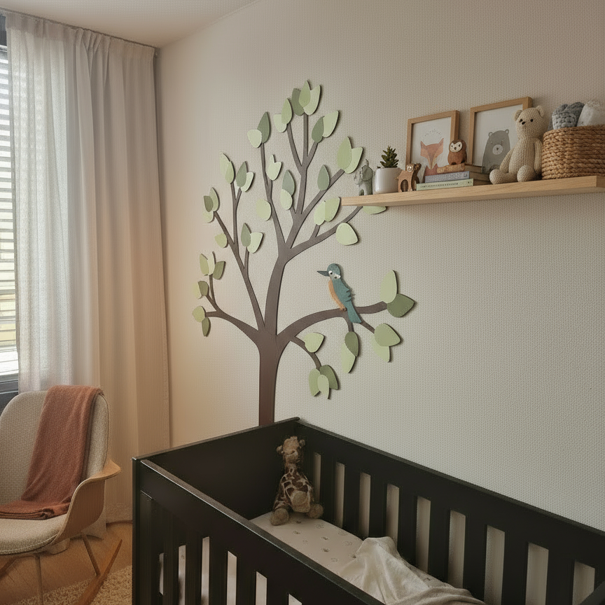 Houten wanddecoratie voor kinderkamer met grote boom met groene bladeren en ijsvogel.