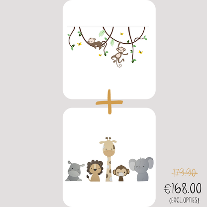 Combideal - houten muursticker - Aapjes aan lianen en 5 jungledieren (vlinders en blaadjes optioneel) (130x59cm)