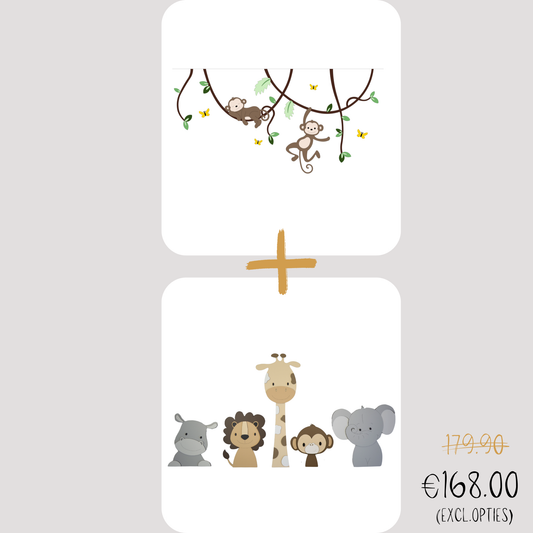 Combideal - houten muursticker - Aapjes aan lianen en 5 jungledieren (vlinders en blaadjes optioneel) (130x59cm)