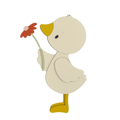 Houten muursticker voor de babykamer van schattig eendje met bloem.