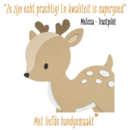 Korting en positieve review houten muurdecoratie voor de babykamer. Hertje geschikt voor bosthema kinderkamer.