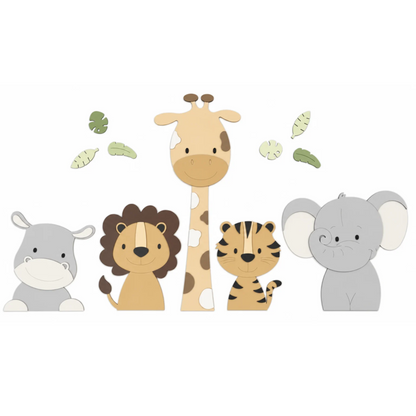 Houten muurdecoratie voor kinderkamer in junglethema, leeuw giraf en olifant in natuurlijke kleuren. geschikt voor een babykamer met safarithema