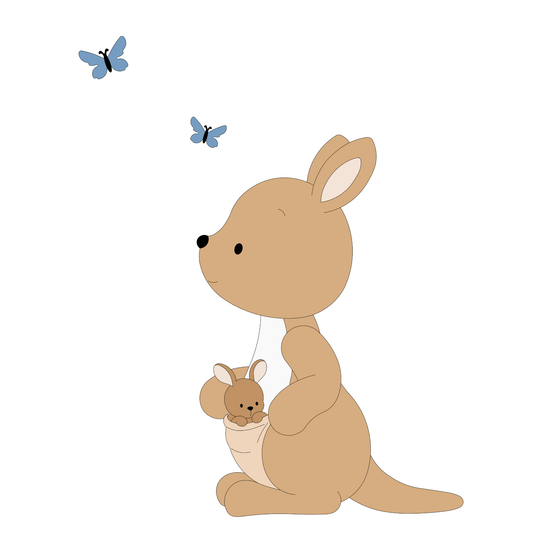 Houten muurdecoratie voor de babykamer, schattige kangoeroe met baby in de buidel in camel tinten.