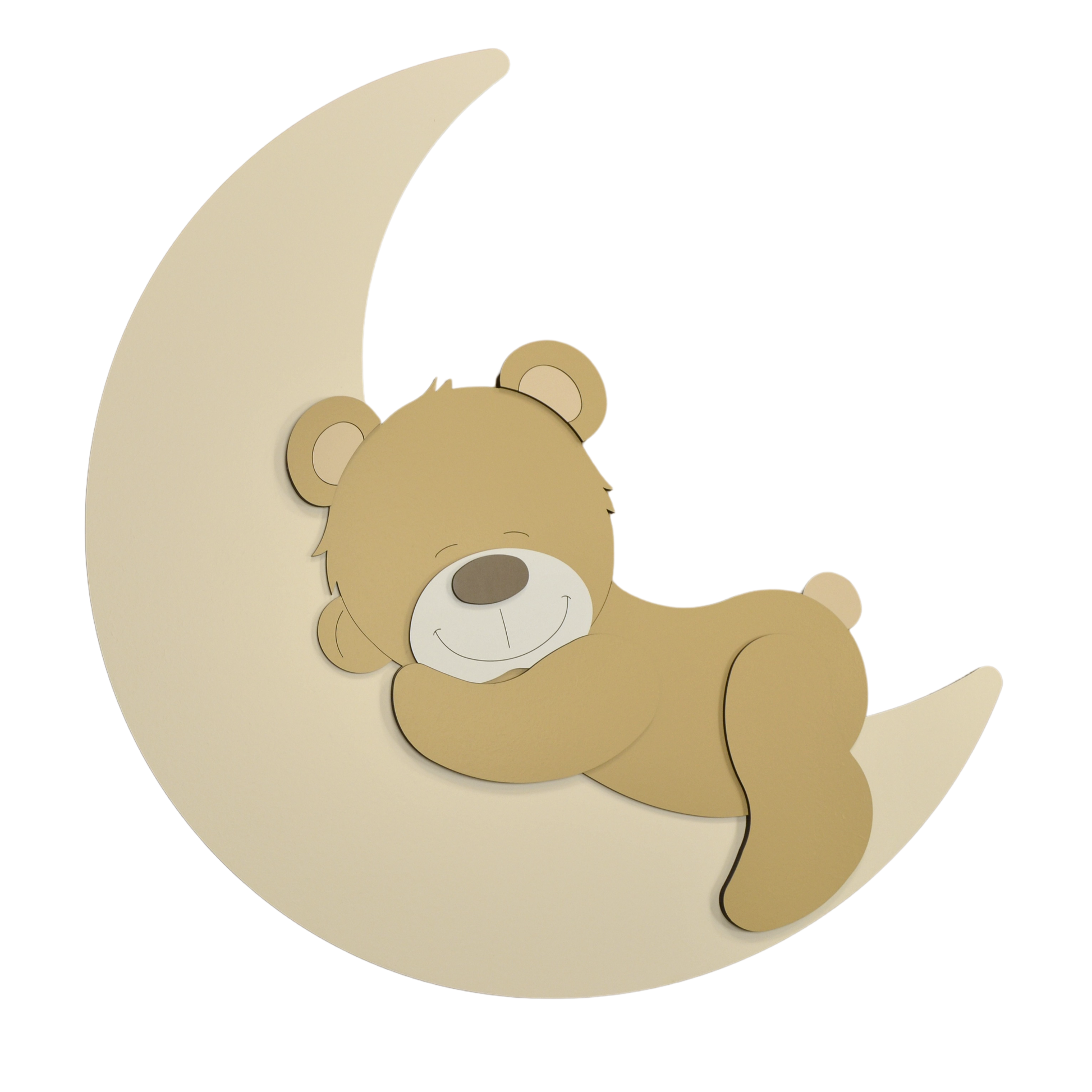 Houten muurdecoratie kinderkamer; maan met slapend beertje voor een gezellige babykamer.