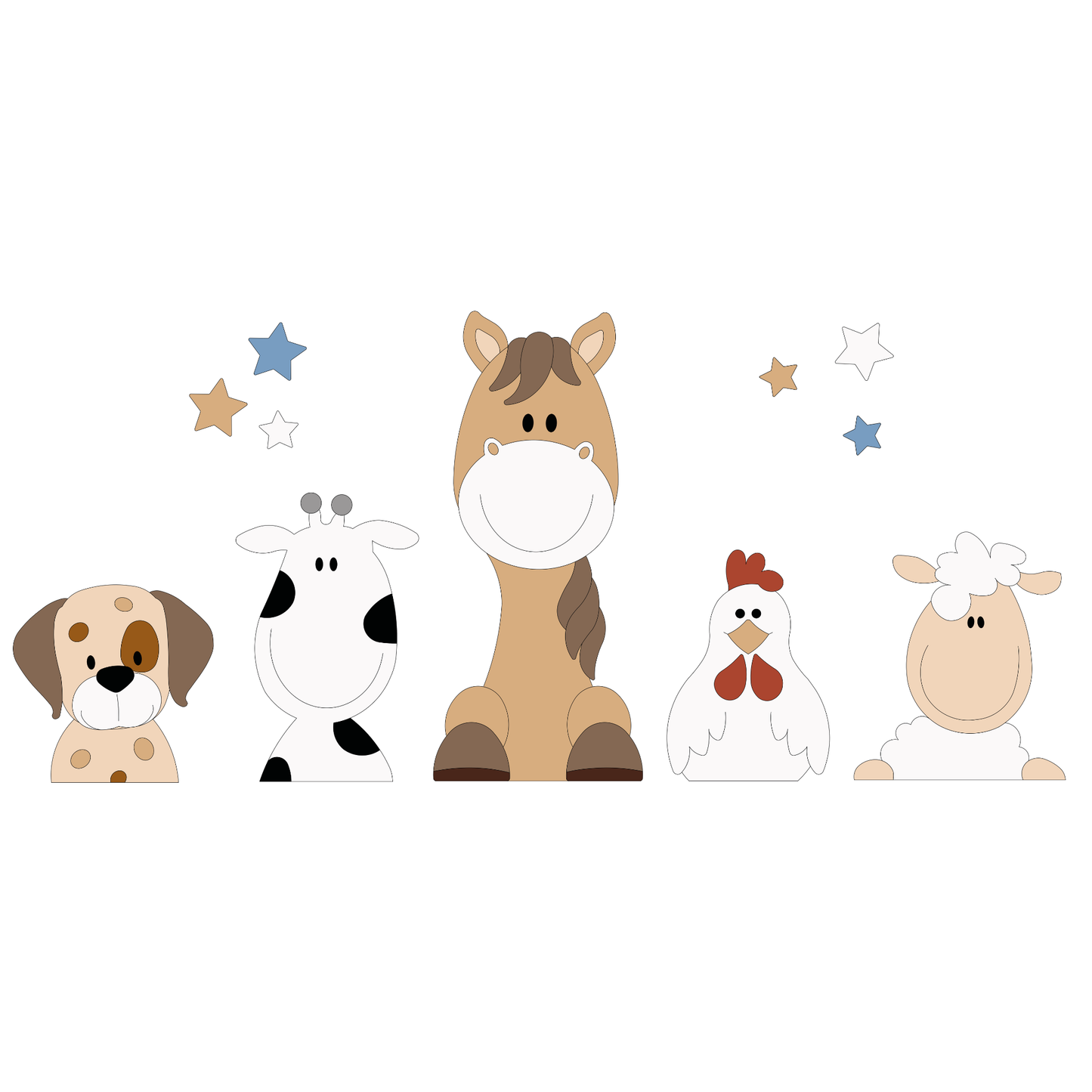 Houten muursticker - 5 Boerderijdieren hond-koe-paard-kip-schaap - naturel (110x50cm) - (sterrenset optioneel)