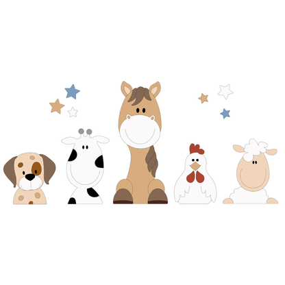 Houten muursticker - 5 Boerderijdieren hond-koe-paard-kip-schaap - naturel (110x50cm) - (sterrenset optioneel)