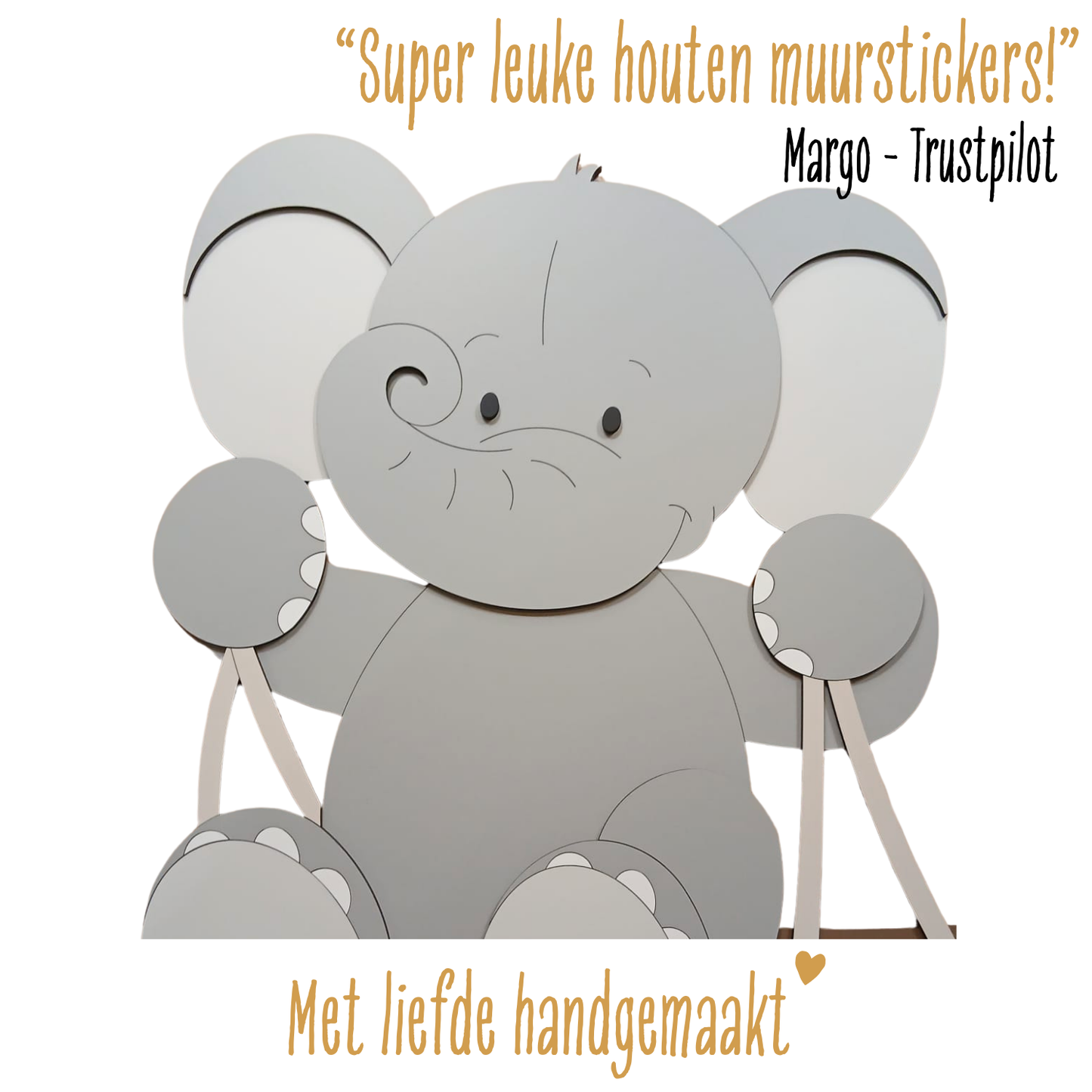 Detail en positieve review houten muursticker Koosje decoratie; tak met schommelend olifantje.