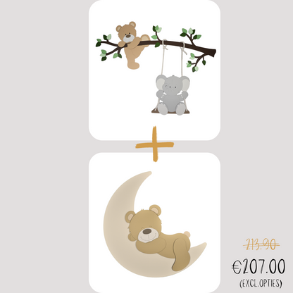 Houten wanddecoratie babykamer korting set tak met klauterend beertje en schommelend beertje en een beige slapend beertje op een maan
