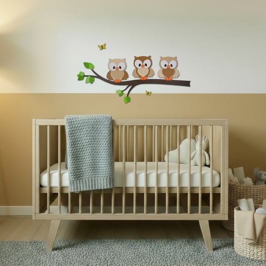 Houten decoratie voor kinderkamer; tak met groene bladeren en uiltjes in natuurlijke kleuren.