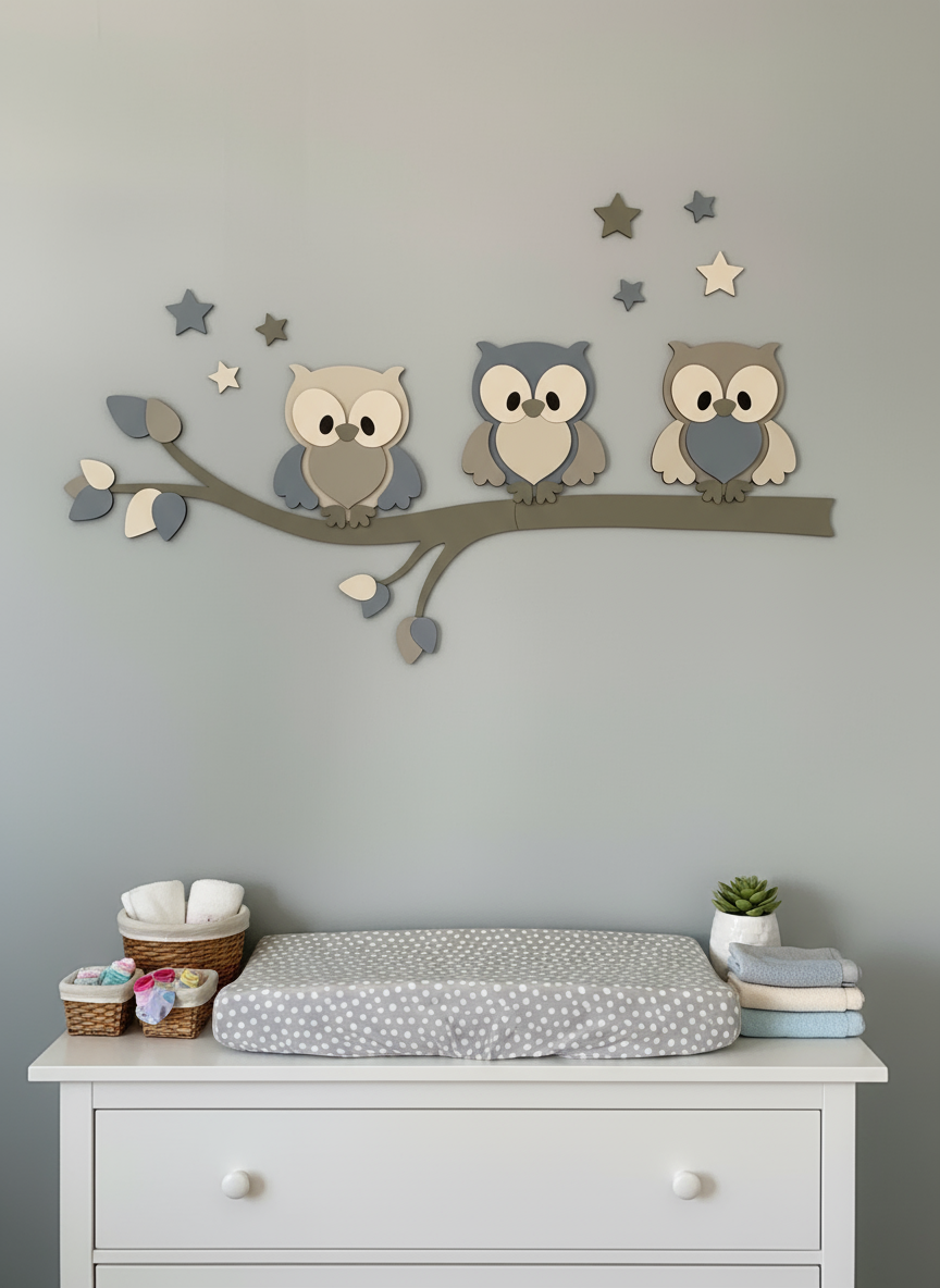 Houten muurdecoratie voor kinderkamer met tak, gekleurde bladeren en uiltjes