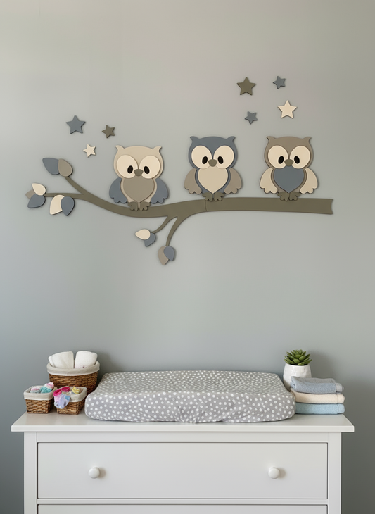 Houten muurdecoratie voor kinderkamer met tak, gekleurde bladeren en uiltjes